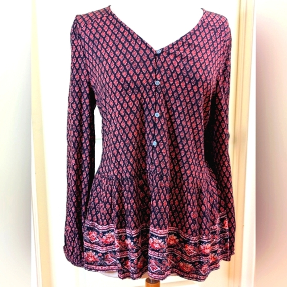 Style & Co Coral & Black Diamond Print Boho Peasant Shirt, Top, Blouse Women's L